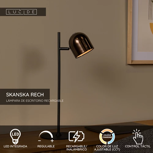 Lucide SKANSKA RECH - Lámpara de escritorio Recargable Dentro/Fuera - Batería/acumulador - LED Regul. - CCT - 1x3W 3000K/6000K - IP44 - Café - USP